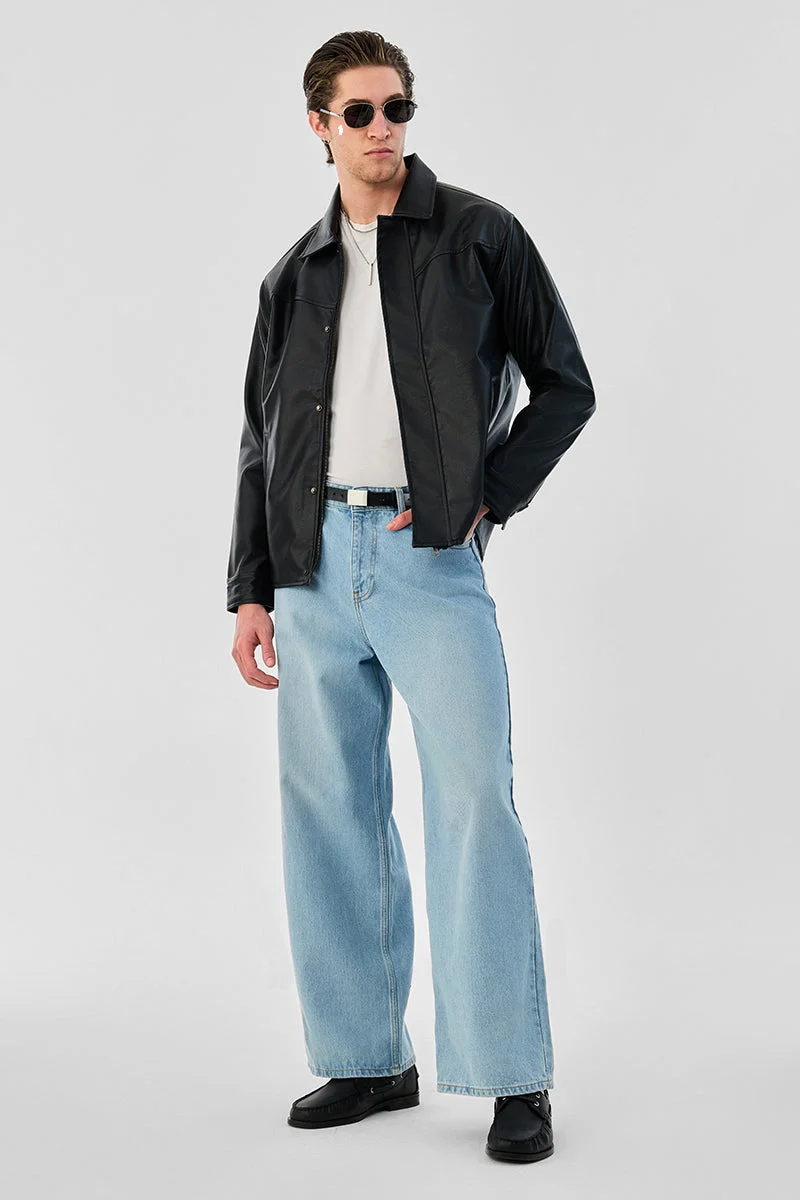 SNITCH Snap Button PU Leather Jacket